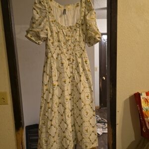 Anthropologie White and Yellow Floral Midi Dress